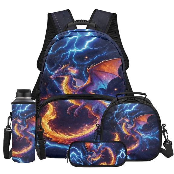 HUIACONG 4Pcs Kids School Backpack for Boys, Lightning Dragon Bookbag with Water Bottle Cover, Lunch Bag Set for Boys Teens, Trendy Boy Backpacks for Schools
