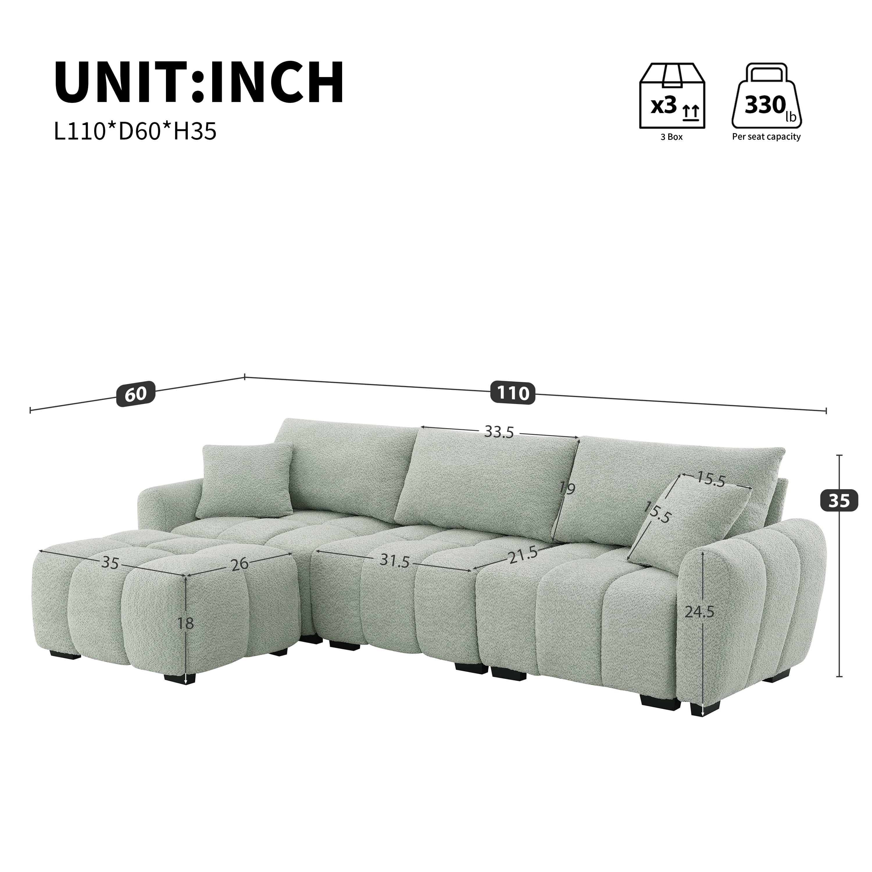 MAYEERTY 110" Modular L Shape Sofa Boucle Fabric Pull-line Design Sturdy Frame Free Combination
