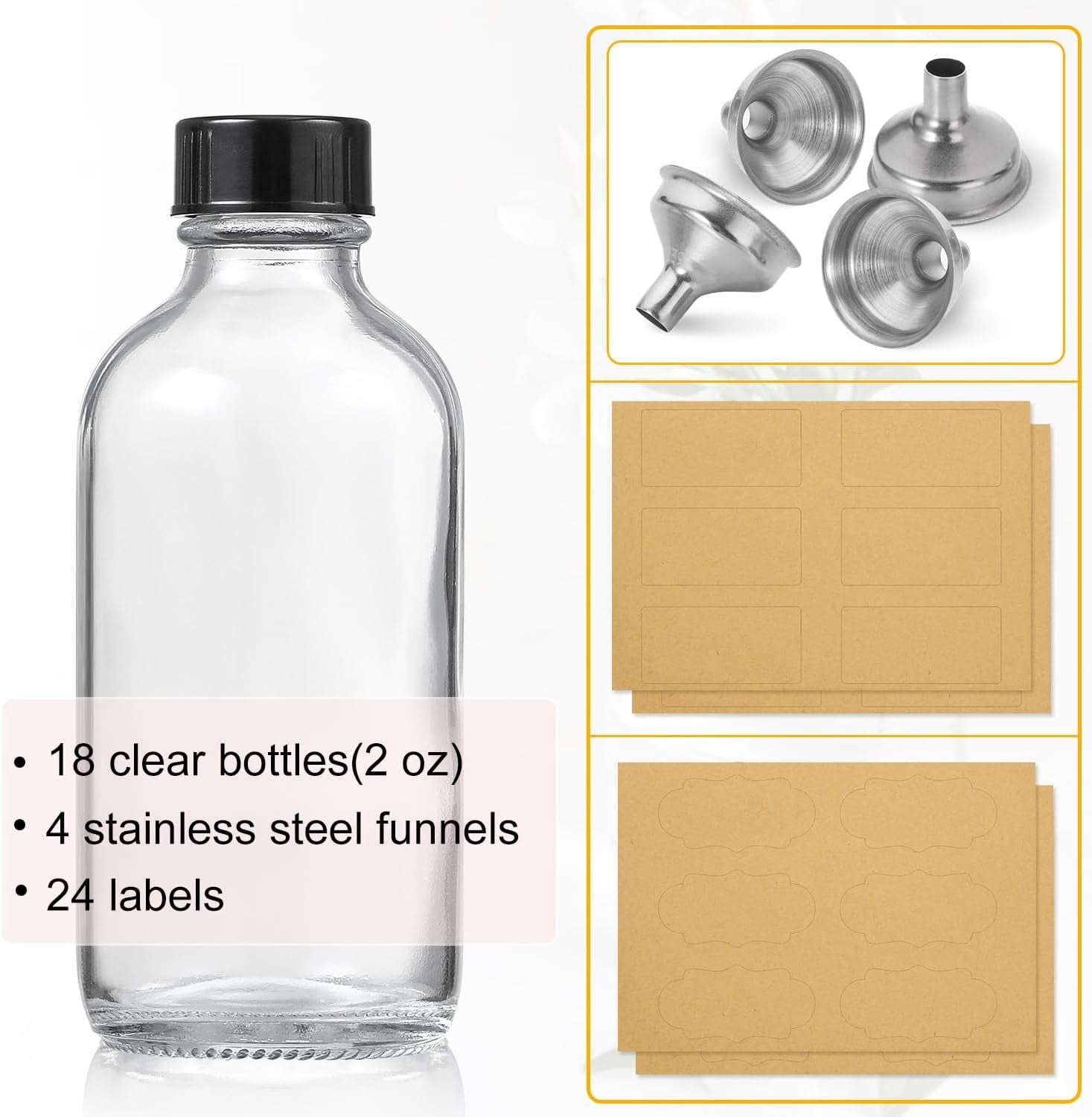 GA 18 Pack, 2 oz Small Clear Glass Bottles w/ Lid & 4 Stainless Steel Funnels-60ml Boston Sample Bottles-Mini Travel Essential or Decorative Bottles for Potion, Juice, Wellness, Ginger Shots, Whiskey