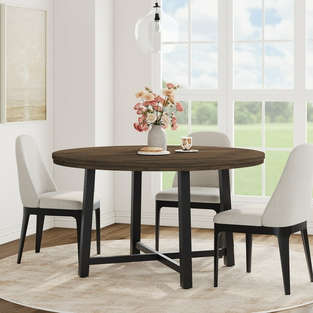 QinaQin 47 Inch Round Dining Table for 4, Wooden Circle Table with Metal Frame for Kitchen or Apartment