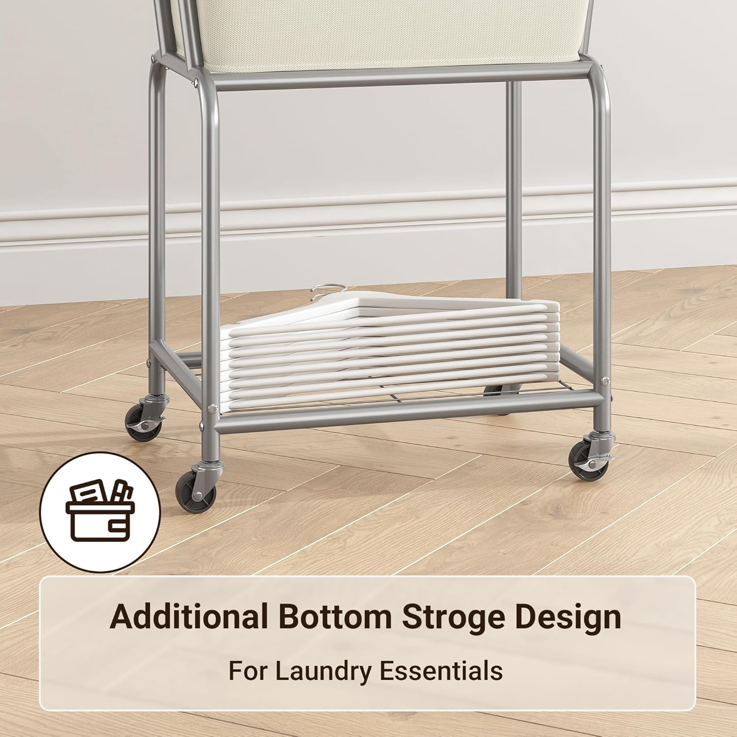 Rolling Laundry Hamper with Wheels, Laundry Cart with Removable Bag, Heavy Duty Metal Frame, 2-Tier Clothes Basket Hamper with Shelf for Closet, Bedroom, Bathroom, Laundry Room, Cream