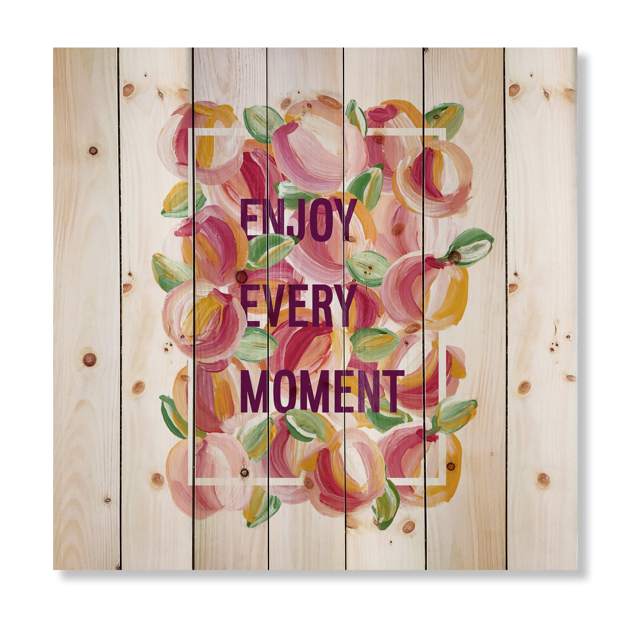 Designart 'Enjoy Every Moment Over Colorful Flowers' Traditional Print on Natural Pine Wood
