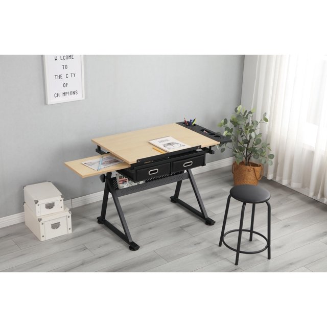 BeesClover Height Adjustable Drafting Table with 0-75° Tilting Top, Artist Desk with 2 Storage Drawers & Stool, Drawing Table for Adults