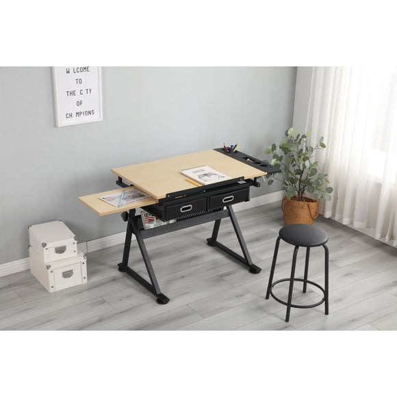 Yiwa Artist Desk Height Adjustable, Drafting Table with Tiltable Top 0-75°, Equipped with 2 Storage Drawers and Stool