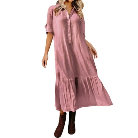 DGMIOCS Women s Linen Maxi Dress for Daily Wear - Button-Down V-Neck Loose Fit Tunic with Asymmetrical Hem Breathable Summer Boho Dress Pink L