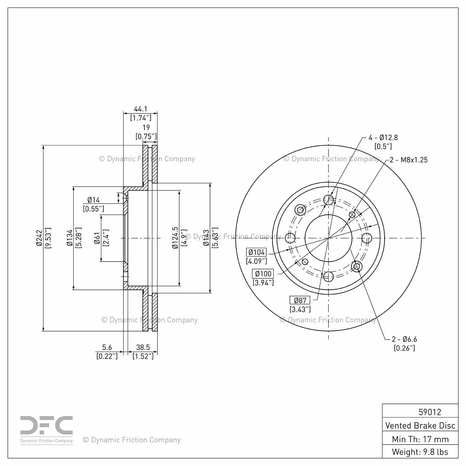 Front Dynamic Friction Company Disc Brake Rotor 600-59012 (1) For 1986-1989 Acura Integra, 1988-1991 Honda Civic, 1988-1991 Honda CRX
