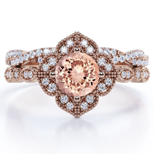 JeenMata Anillo Nupcial Art Déco 1.5 ct Pavé Cruzado Morganita y Moissanita Redonda Rosa Melocotón en Plata con Baño de Oro Rosa 18 K