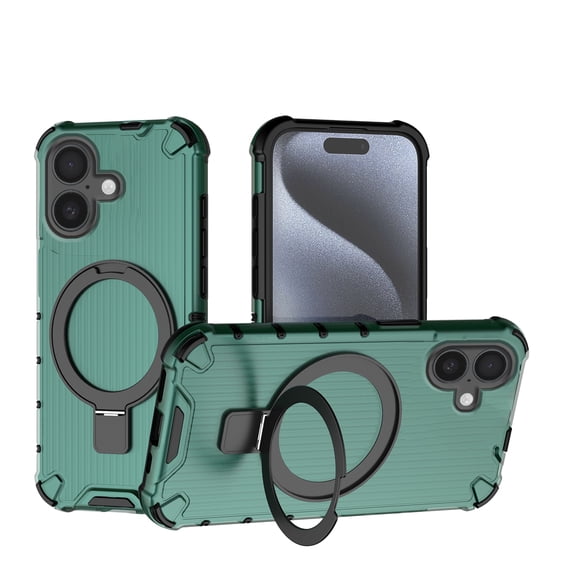 Magnetic Case for iPhone 16 Plus Heavy Duty Rugged Dual-Layer Protection, [Compatible with MagSafe] Ring Holder Kickstand Shockproof Matte Scratch Armor Back Cover, Green
