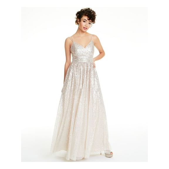 ELIZA J Womens Beige Sequined Spaghetti Strap Full-Length Evening Fit Flare Dress 8