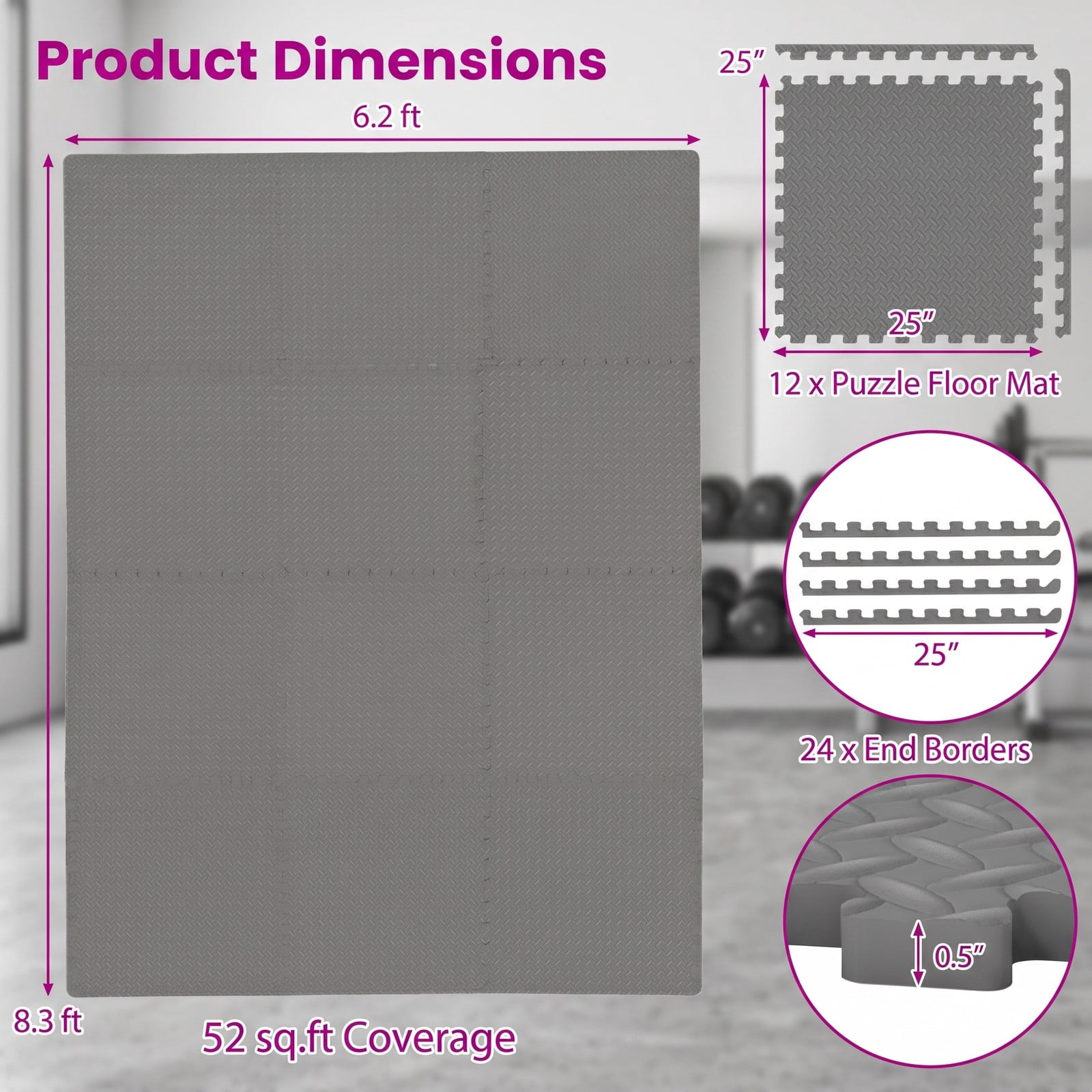Airfind 12 Tiles Puzzle Exercise Floor Mat with Interlocking EVA Foam and Non-Slip Texture for Home Gym Equipment Protection, Gray