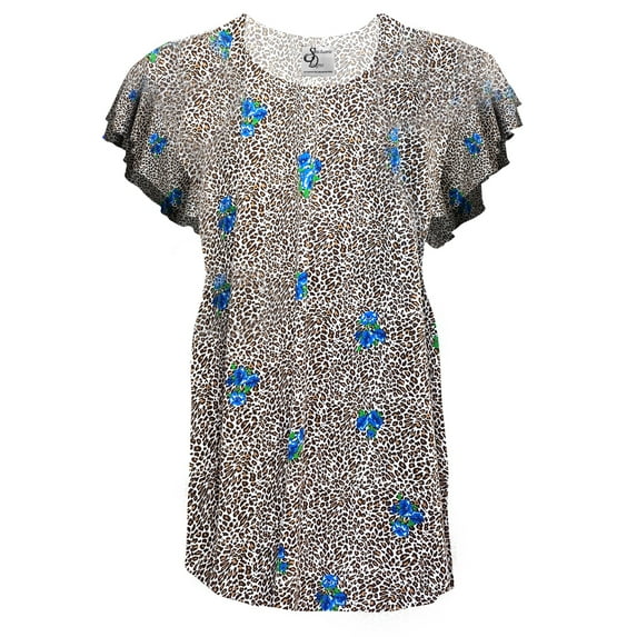 Plus size 4x Petite Womens Cheetah Hydrangea Designer Print Tunic Tops Casual Ruffled Sleeve Shirts Blouses