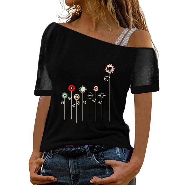 Gibobby Playera de Manga Corta con Cuello Redondo Mujeres Impreso Hombro Tops Sexy Glitter Camisa manga corta Blusa Tops(Negro,G)