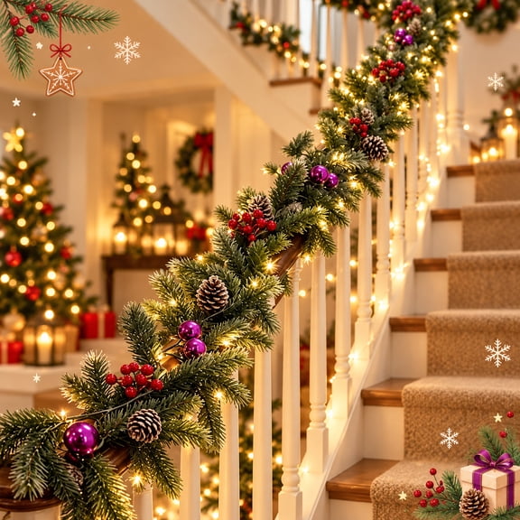 Lighted Christmas Pine Needle Garland, 5.7FT for Porch, Entryway, Banister and Winter Party Decorations, Festive Holiday Decor, Red