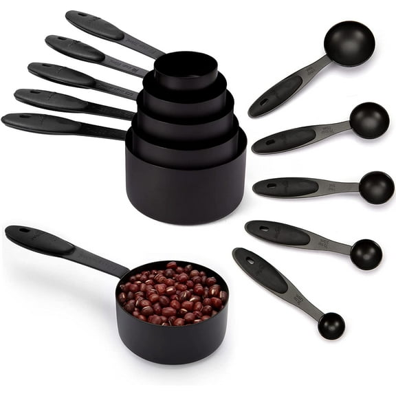 Measuring Cups and Spoons Set of 10 Piece, Stainless Steel Measuring Cups with Soft Touch Silicone Handles, Nesting Metal Measuring Cups for Dry & Liquid Ingredients, Cooking & Baking (Black)