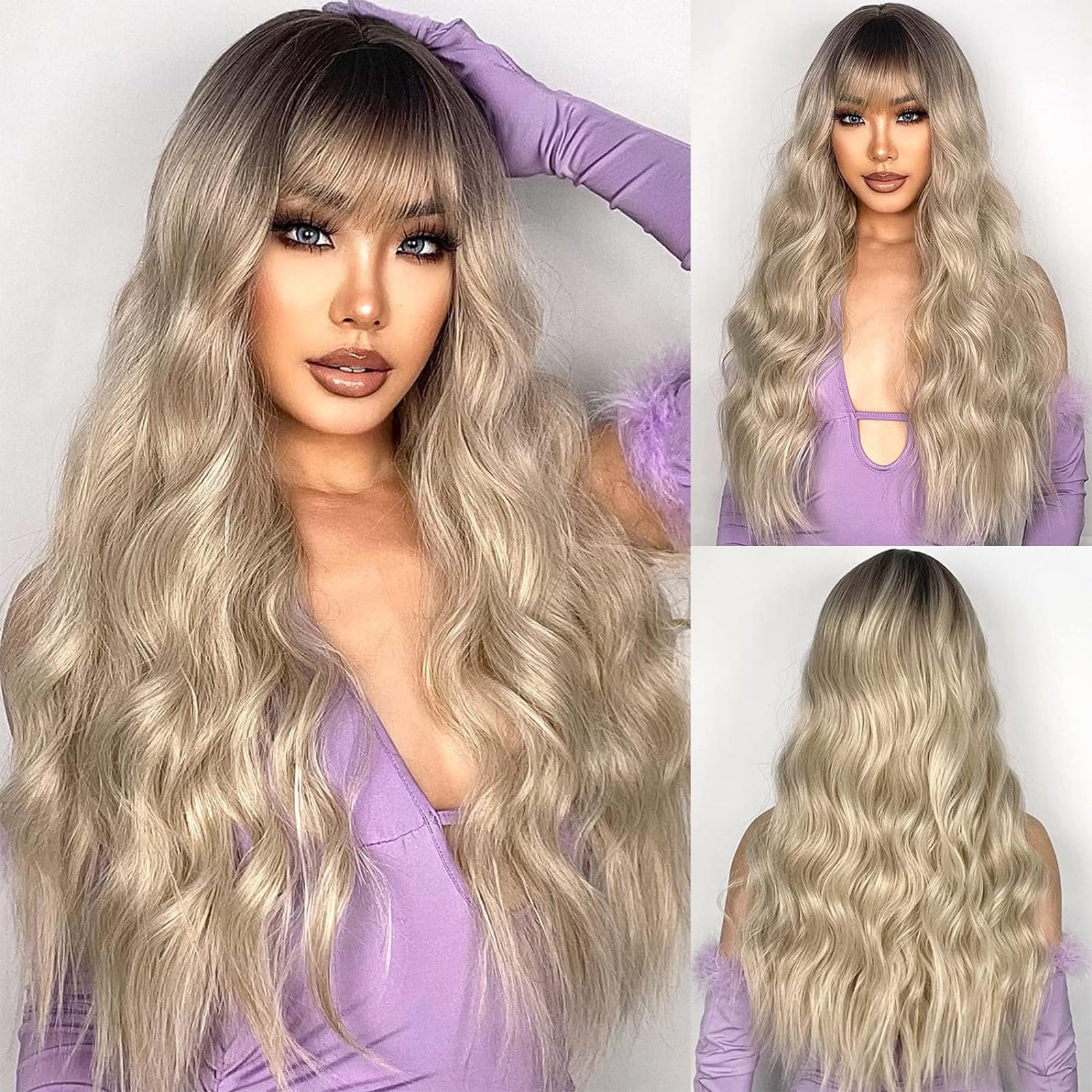 YSGFHGJW Wigs for Black Women,Long Curly Wig With Bangs Hair Wig For Women Synthetic Natural Wig Various Colors Available Daily Wear Party And Cosplay Soft Wig,Beige