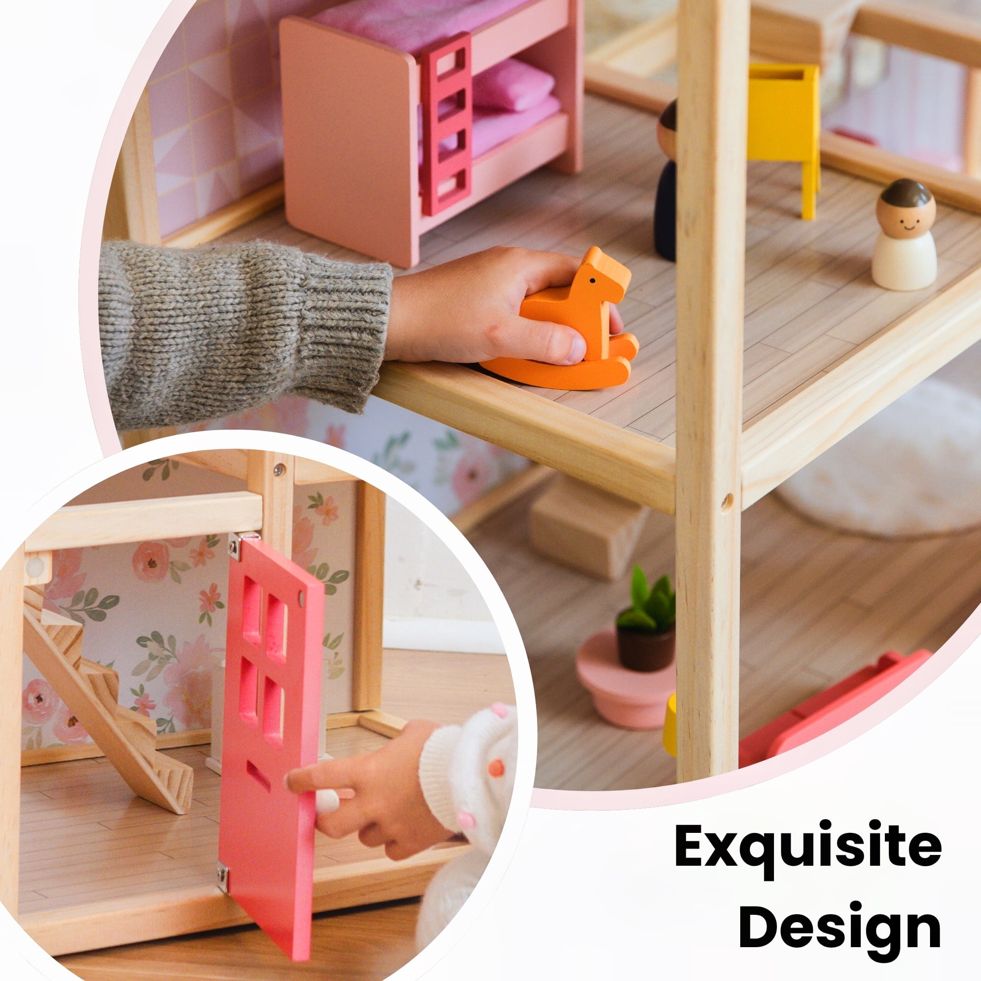 Tiny Land Wooden Dollhouse for Girls - 6 Rooms, 30pcs Furniture, DIY Pretend Play House, Gift for Ages 3+