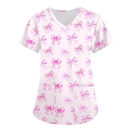 Cozy Fit Scrubs Medical Uniforms with Dual Pockets Four Seasons Nursing Scrub Shirt Bow Print Healthcare Workwear Christmas Nurse Work Apparel Nightmare Before Womens Tops Pink Xxl