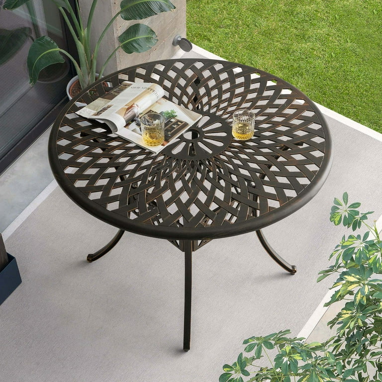 Nuu Garden 42 Cast Aluminum Round Outdoor Dining Table Vintage Metal Patio Bistro Dining Table with Umbrella Hole Conversation Table Antique