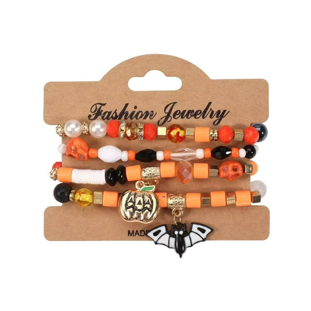 A Beaded Bracelet Set Gothic Layered Design For Women Accessories Jewelry Gift Stretch Fit Stackable Araneid Pumpkin Theme Resin Craftwork Party Fashion Durable Material Adjustable Size
