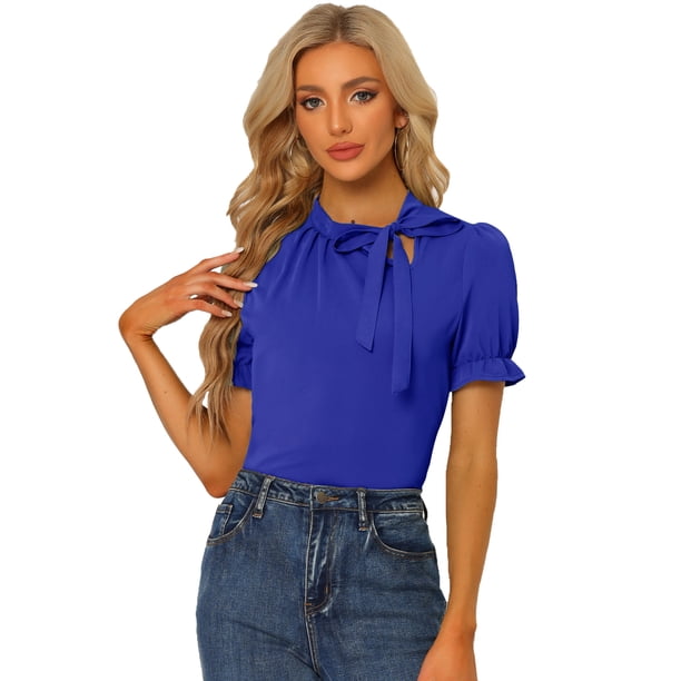 Top Elegante De BluDe ManCorDe OficiDe Las Camisas Del Cuello De PajariDe Las Mujeres Azul Real XL