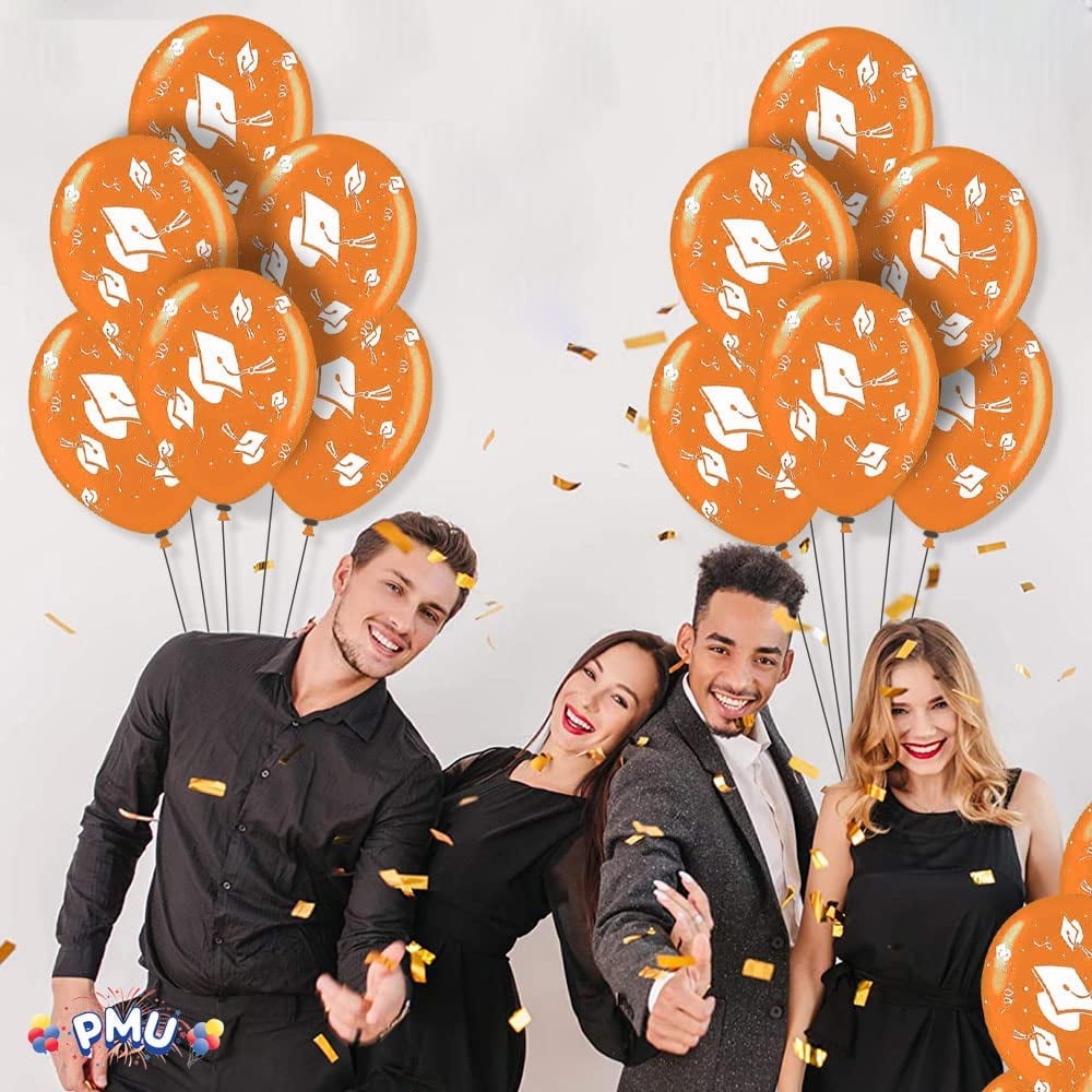 PMU 100 Pcs Graduation Balloons PartyTex 11 inch Premium Orange with All-Over Print White Grad Caps-Confetti and Streamers Graduation Party Decorations