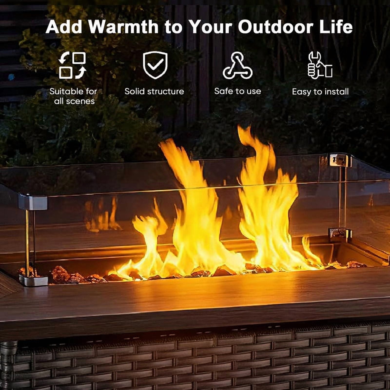 Giantfurnni 41" Propane Fire Pit Table with Lid, Outdoor Wicker 50,000 BTUs Rectangle Gas Fire Pit Table with Glass Wind Guard and Lava Rocks for Balcony Porch Deck