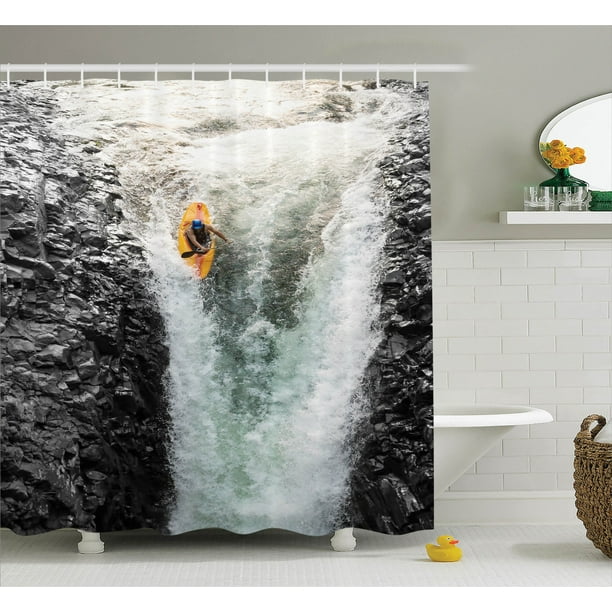 Natural Waterfall Decor Shower Curtain Set Photo Of Man Kayaking In Canoe Flowing Wild Water Nature Extreme Outdoors Art Print Bathroom Accessories 69w X 70l Inches By Ambesonne Com Natural Waterfall Decor Shower Curtain, Outdoor Themed Shower Curtains