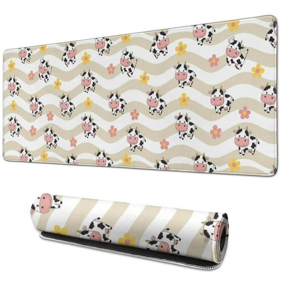 Long Mouse Pads for Desk,Beige Wave Cow Flower Pattern Desk Mats on Top Of Desks, Desk Mouse Pad Extra Large with 3mm Non-Slip Base and Stitched Edge for Gaming,Office,Work,Home 31.5"x11.8"