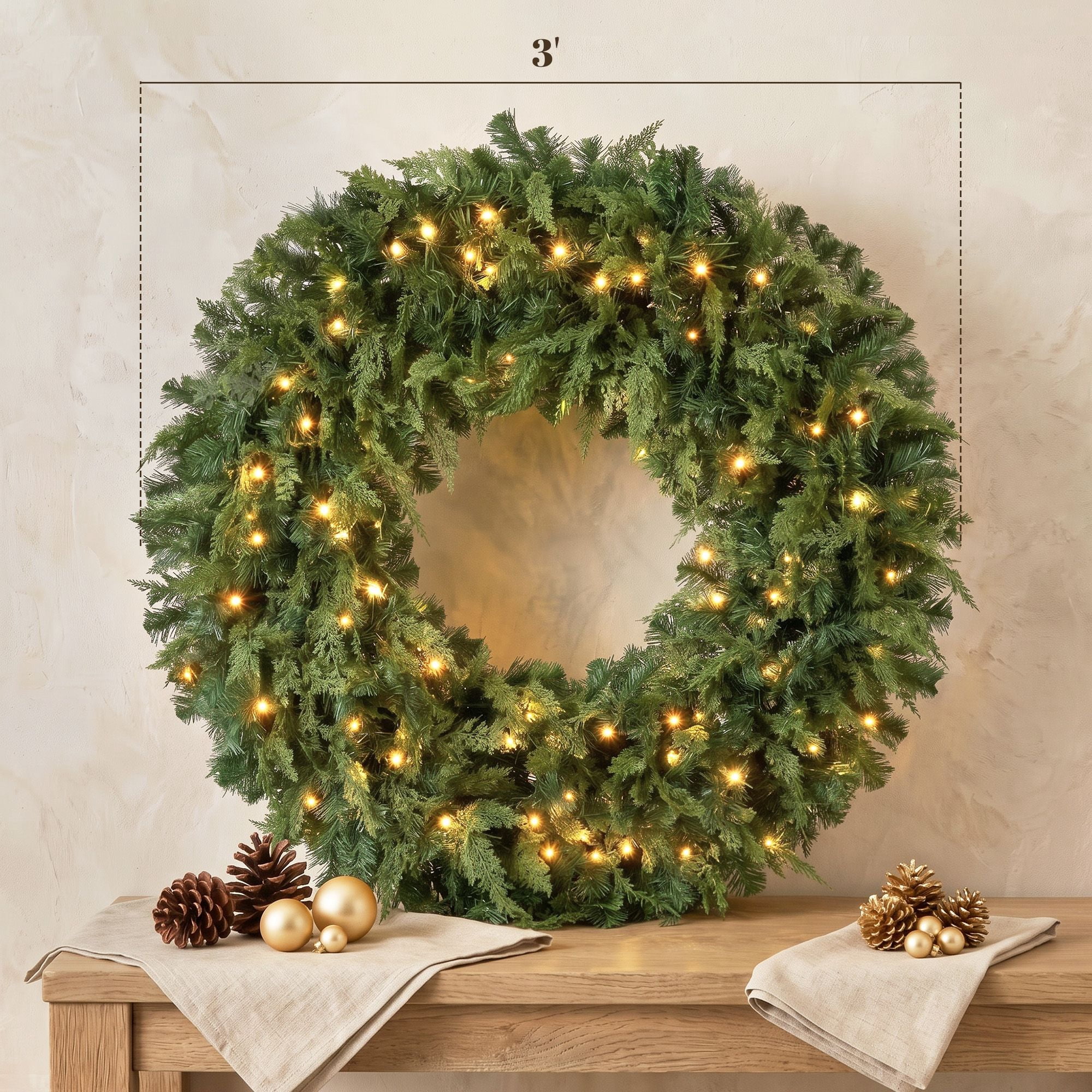 Pre-Lit Artificial Christmas Wreath, 36-Inch Cedar-Style Greenery with 100 Warm White LED Lights, 8 Lighting Modes, 360 Tips, Indoor and Covered Outdoor Holiday Decor for Front Door, Porch, or Mantel
