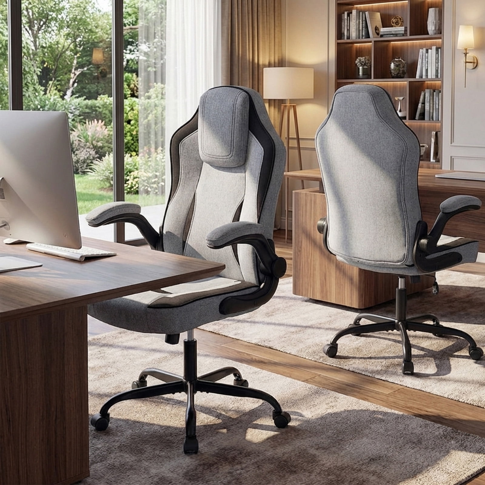 Furnibear Ergonomic Office Chair High Back Executive Desk Chair with Flip-up Armrests, Headrest, Lumbar Support, Computer Chair for Home Office, Gray
