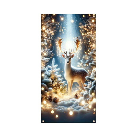 Beautynvta Christmas Door Cover, 35x71 Inch, Winter Snowy Reindeer Front Door Cover Xmas Hanging Banner Winter Holiday Background Banner for Home Holiday Christmas Decorations