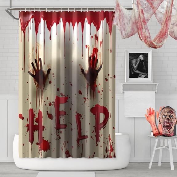 Halloween Bloody Shower Curtain, Spooky Horror Scary Shower Curtain Set with 12 Hooks, Halloween Shower Curtains for Bathroom Decor, 72x72 Inch