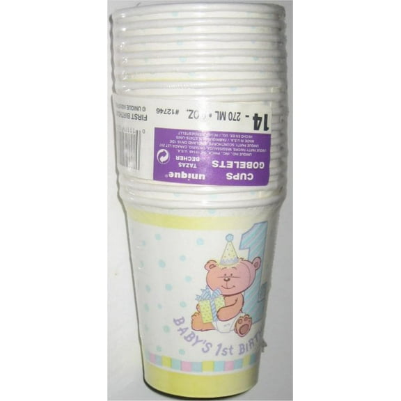 Baby's First Birthday Unique 9oz Cup Pack - Bear & Present - (14 Paper Cups)