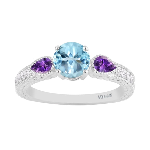 Sterling Silver with Natural Sky Blue Topaz, Amethyst and White Zircon Three Stone Ring