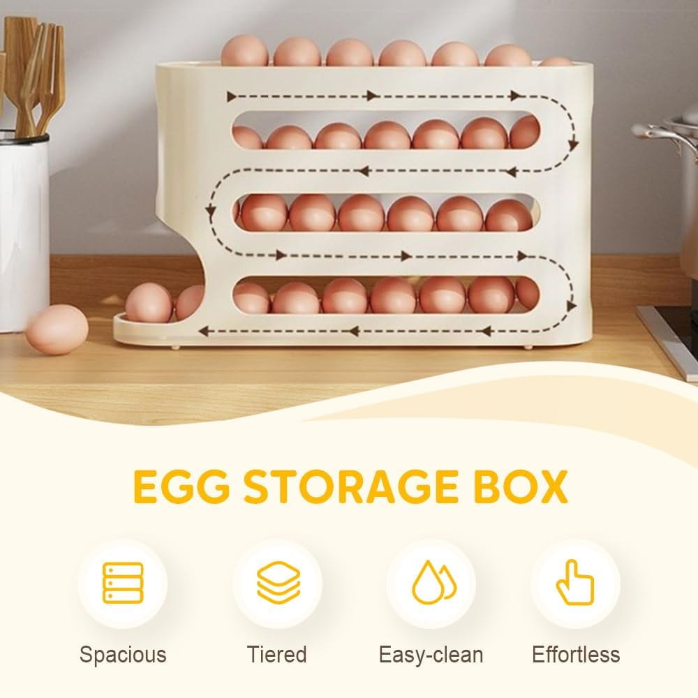 Egg Holder for Fridge, 2026 New Auto Rolling Fridge Egg Organizer, Egg Dispenser for Refrigerator, 4 Tiers Fridge Egg Rack for Refrigerator, Large Capacity/Holds 30 Eggs (Beige)