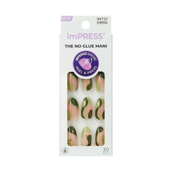 KISS imPRESS Design  Press on Nails, Shining, Green, Medium Almond, 30 Count