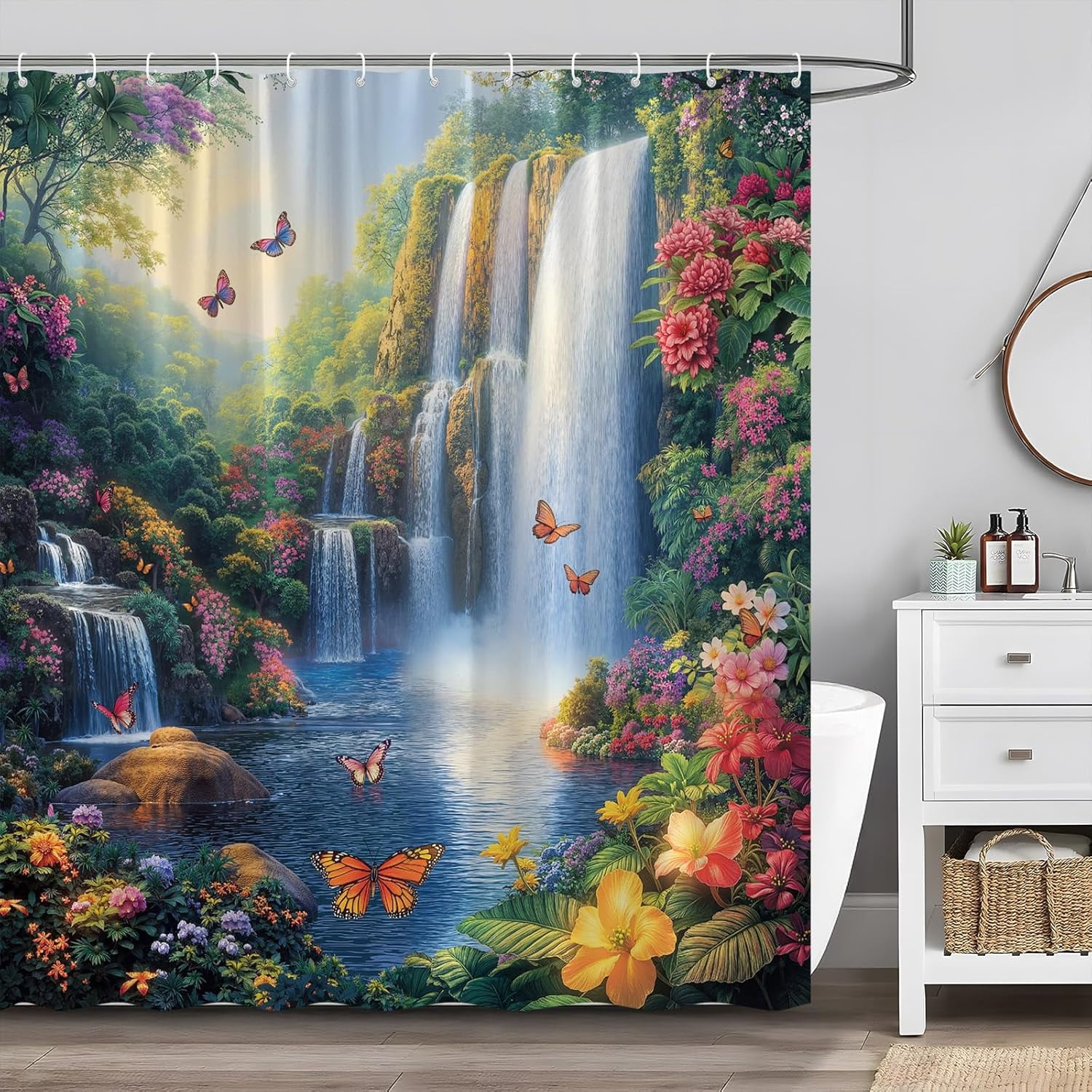 Waterfall Shower Curtain Rustic Floral Butterfly Forest Tropical Green Plant Lake Spring Garden Nature Landscape Bathroom Decor Set with Hooks-72"W x 72"L (Pack of 1)