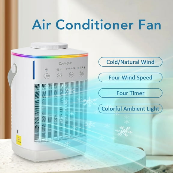 ROMYSE Portable Mini Air Conditioner, Rechargeable Personal Air Cooler with 3-Speed Wind, 2-Level Mist, 700ML Water Tank, for Bedroom or Outdoor Use, White