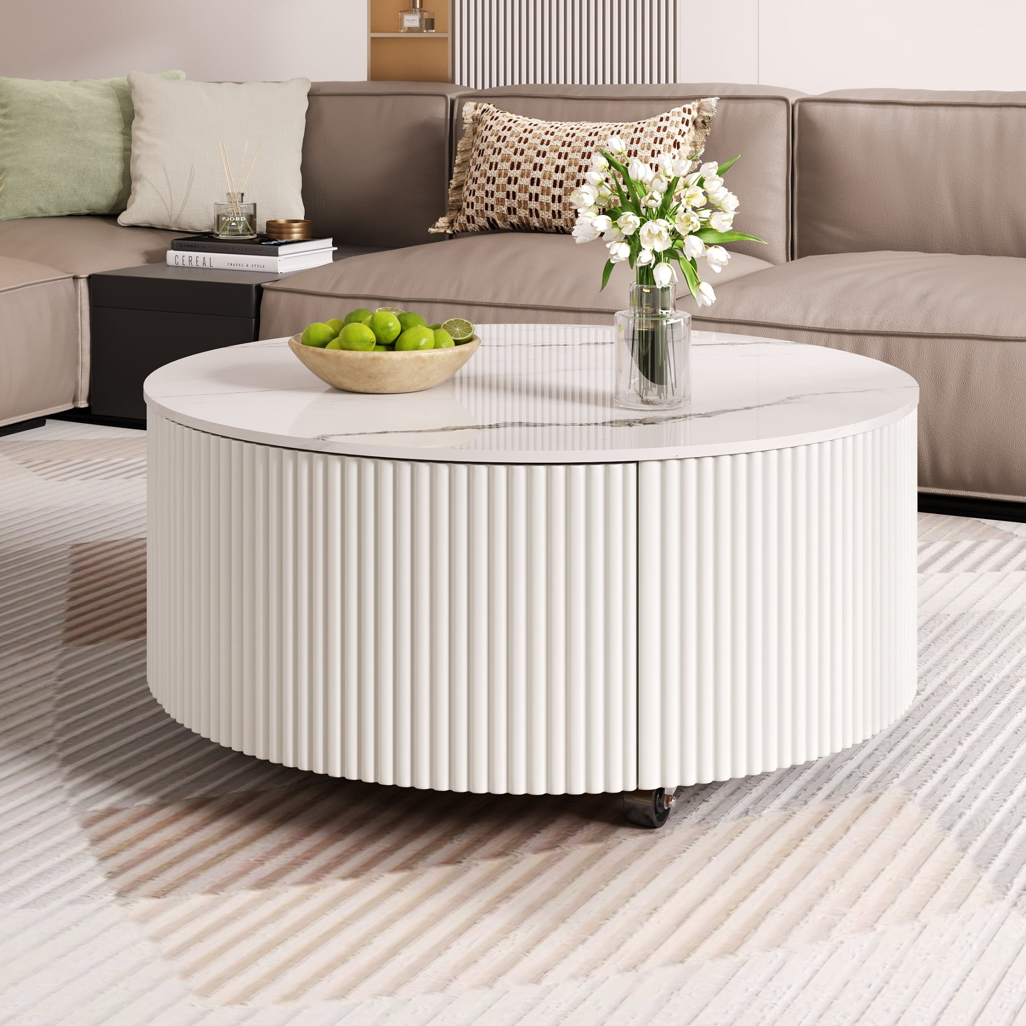 Euroco Modern Round Movable Coffee Table with Casters, 2 Drawers, Marble Pattern Sintered Stone Top, White, 29.5"