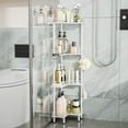 thumbnail image 3 of Corner Shower Caddy Standing - 4-Tier Stainless Steel Shower Organizer with Soap Holder and 4 Hooks, Large Capacity Corner Shelf Stand for Bathroom, Rest Room, White, 3 of 14