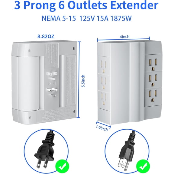 PYYAN-6 Outlet Extender, Side Access Swivel Power Splitter, 3 Rotatable Multi Outlet Wall Tap Adapter, Tight Fit, 3-Prong Grounded Flat Space Saving Snug Plug, 15A/125V, ETL-White