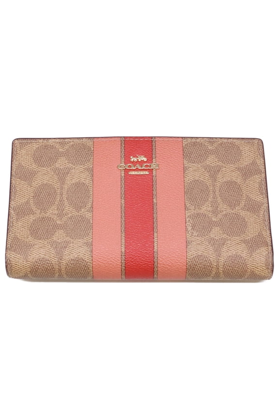Pre-Owned COACH CAP23 Slim Zip Wallet - Signature Canvas Stripe Bi-fold (with coin purse) Tan...