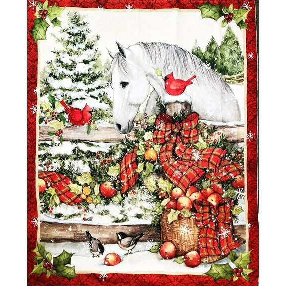 1 Panel - Horse & Cardinal Birds Christmas Snowy Farm Scenic Cotton Fabric Panel - Susan Wingate (Great for Quilting, Sewing, Craft Projects, Wall Hangings, and More) 36" X 44"