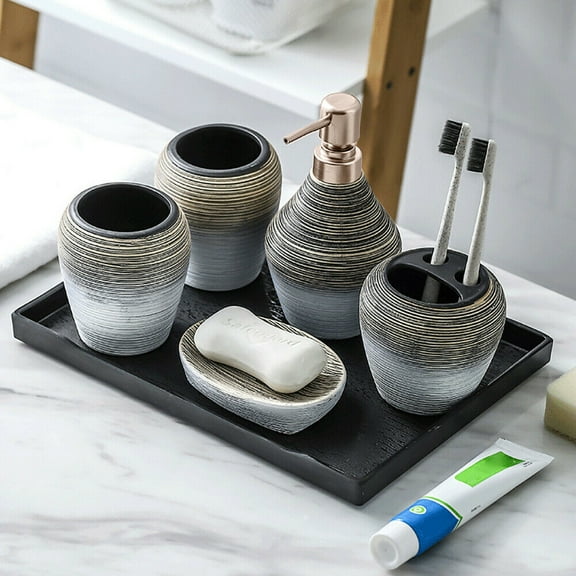 Miumaeov Bathroom Accessory Set 6 Pcs Retro Ceramics Bathroom Vanity Countertop Accessory Set Bathroom Decor Accessories with Soap Dispenser Toothbrush Holder Soap Dish Gargle Cup Tray