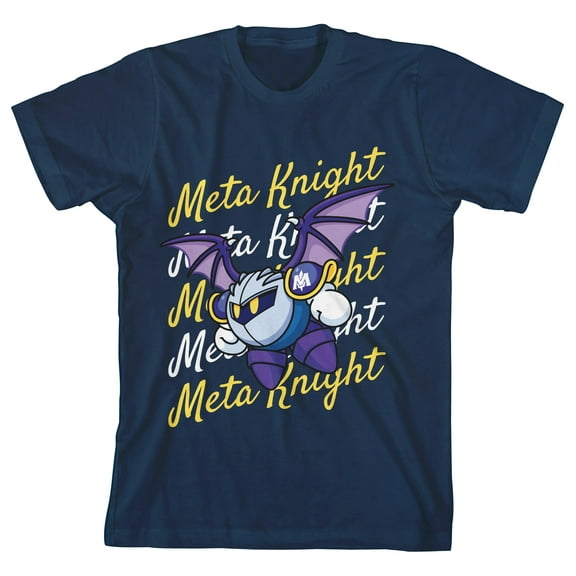 Kirby Meta Knight Flying With Repeat Text Boy's Navy Blue T-shirt-Large