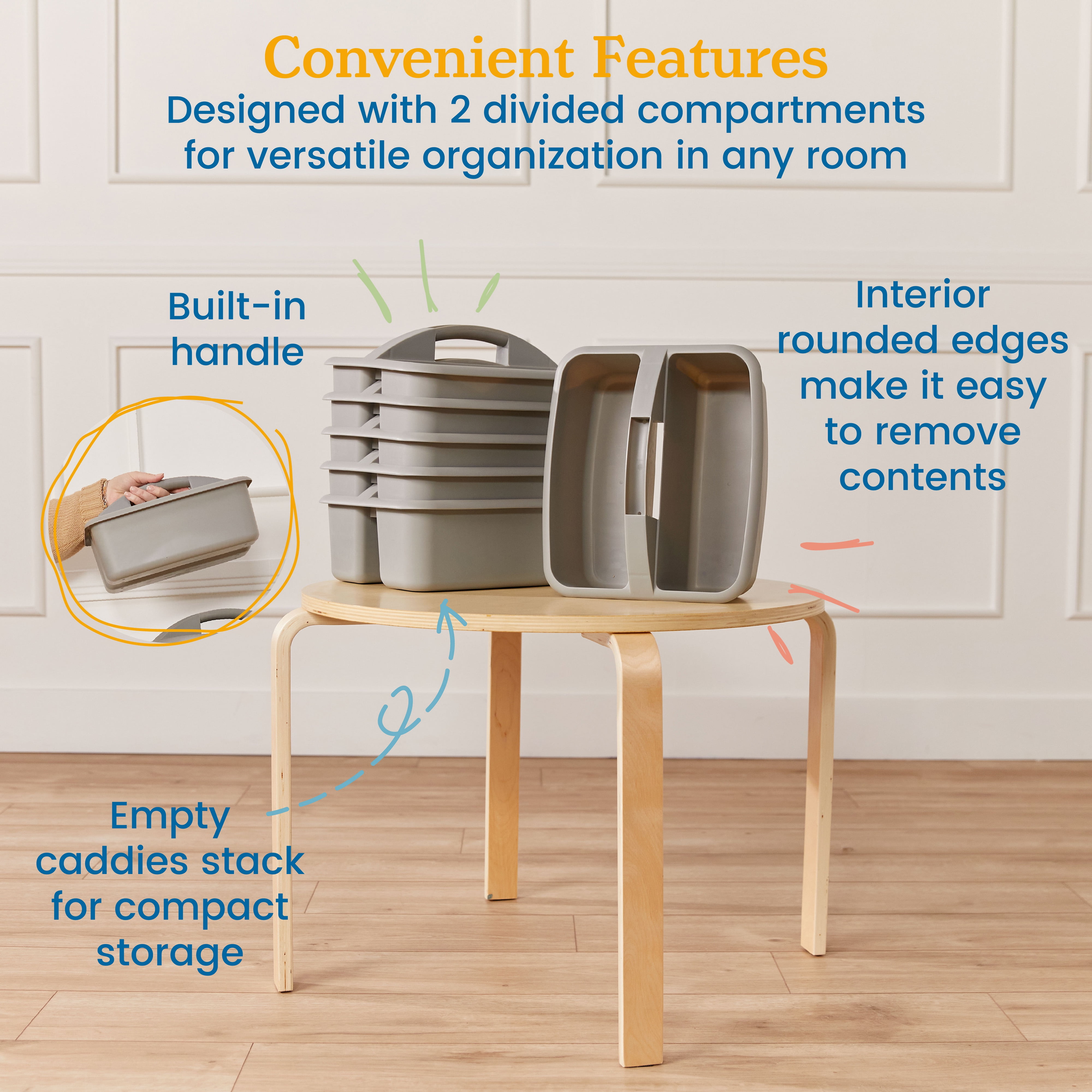 ECR4Kids 2-Compartment Large Plastic Caddy, Multipurpose Organization, Grey, 6-Pack