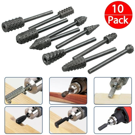 10-pack Creative Alloy Steel Woodworking Rasps Carving Burr Bit Rotary Bur 1/8in