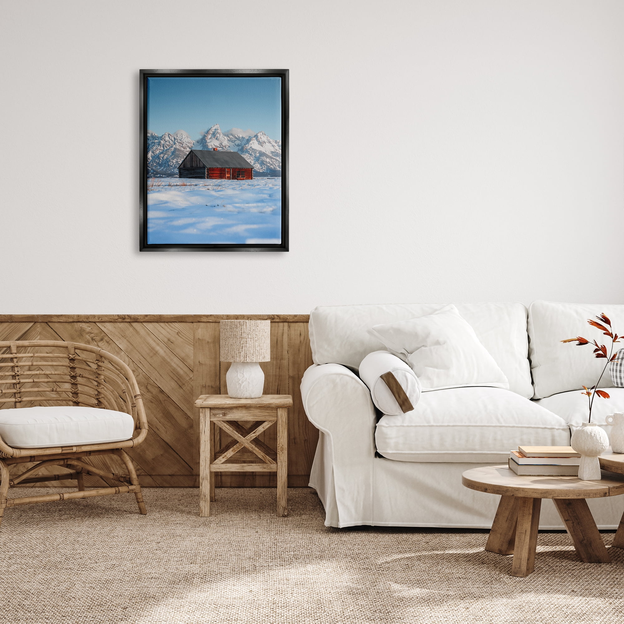 Stupell Industries Cabin in Snowy Mountains Landscape Photography Black Floater Framed Canvas Art Print Wall Art, 25 x 31