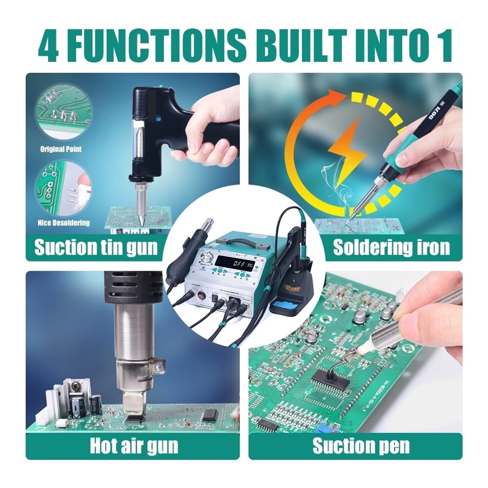 948-II 4 In 1 Desoldering Hot Air Gun Rework Soldering Iron Suction Tin Gun Pick Up Pen Desoldering Soldering Station ,Fast Heating and Auto Hibernate