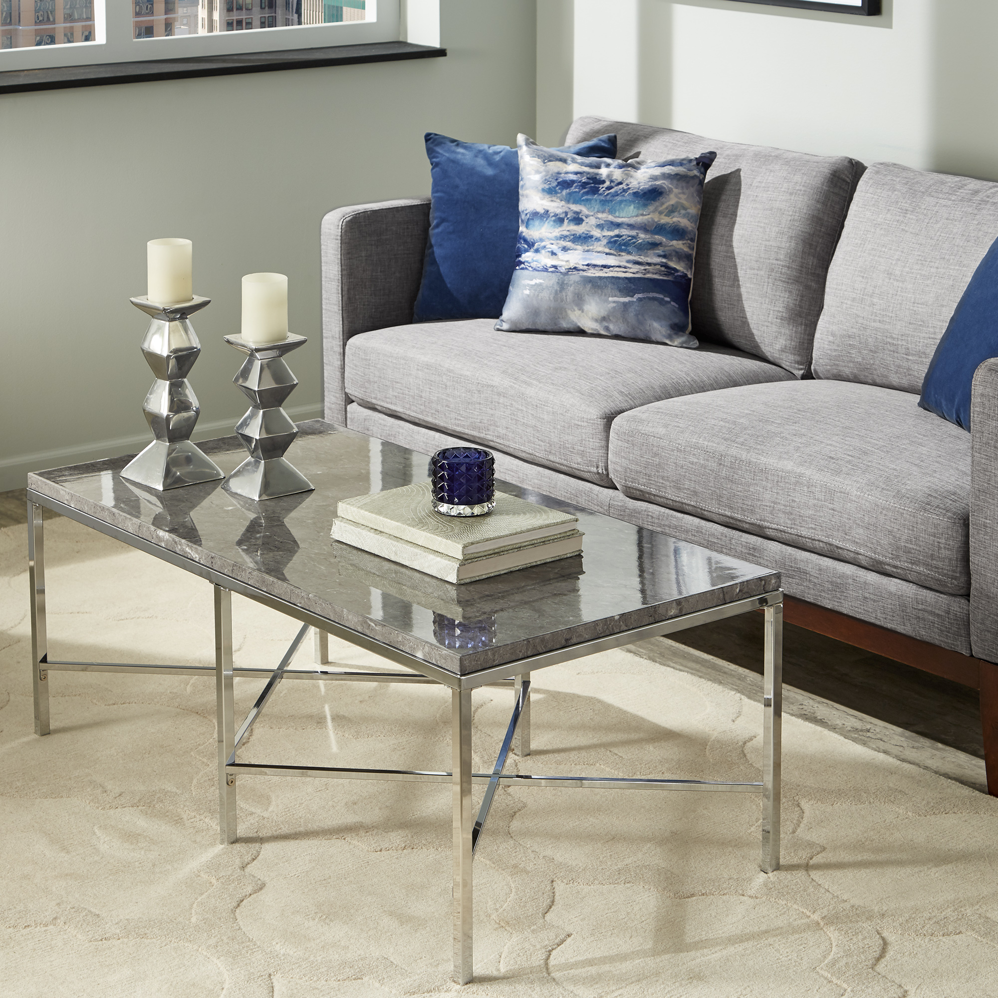 Weston Home Eevi Cocktail Table with Grey Faux Marble Top,Chrome